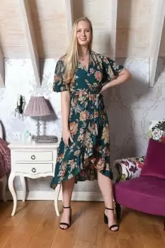 Image of Teal Winter Floral Wrap Midi Dress
