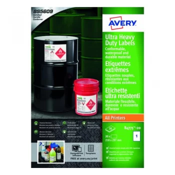 Image of Avery Ultra Resistant Labels 210x297mm Pack of 20 B4775-20