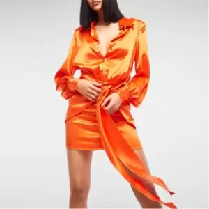 image of Missguided Satin Drape Front Shirt Dress - Orange