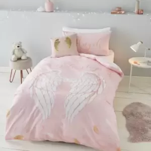 Image of Catherine Lansfield Angel Wings Glitter Print Reversible Duvet Cover Set, Blush, King