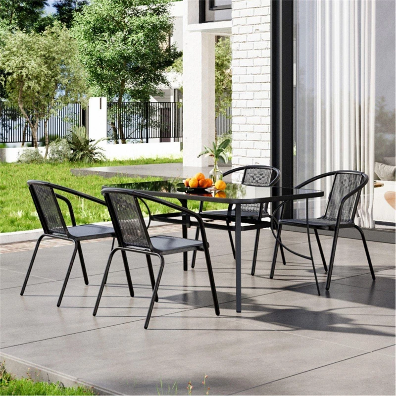 Image of Breeins Rectangle Garden Table with 4 Rattan Chairs - Black L