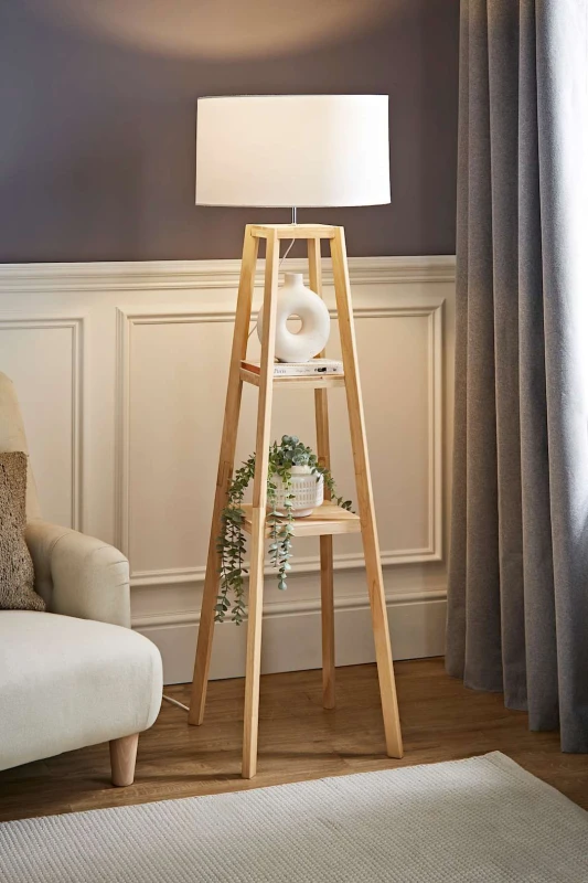 Image of ValueLights Wakefield Quad Base Two Shelf Wooden Floor Lamp with Fabric Shade White