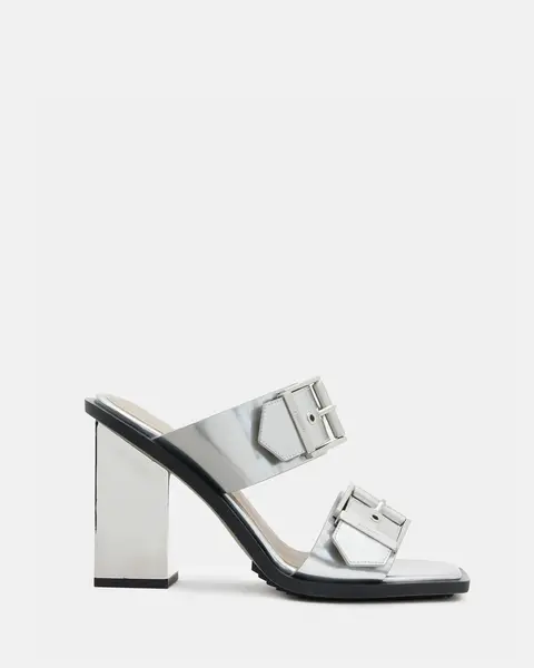 image of AllSaints Camille Metallic Leather Block Heels