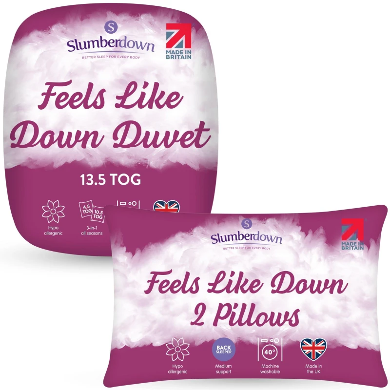 Image of Slumberdown Feels Like Down 13.5 Tog Winter Duvet With 2 Pillows White