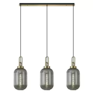 Image of Luminosa Linear 3 Light Pendant E27 With 20cm Tubular Ribbed Glass, Smoked Brass Gold, Matt Black