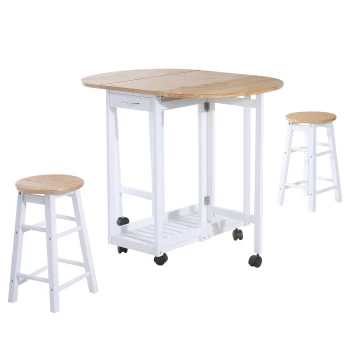 Image of HOMCOM 3PC Wooden Kitchen Cart Mobile Rolling Trolley Folding Bar Table Two Stools Dining Chair Storage Shelf w/2 Drawers & 6 Wheels