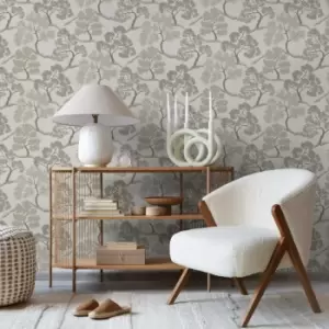 image of Sublime - Tree Floral Natural/Gold Wallpaper - White