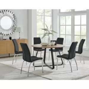 Image of Santorini Brown Round Dining Table And 6 Black Isco Chairs - Black