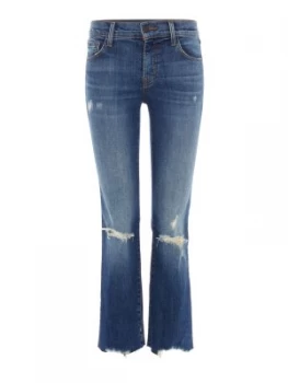 image of J Brand Selena Crop Boot Raw Hem Jeans in Revoke Destruct Denim Mid Wash