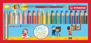 image of Stabilo Woody 3 in 1 Coloring Pencils Pnt Brsh & Shrpnr PK18