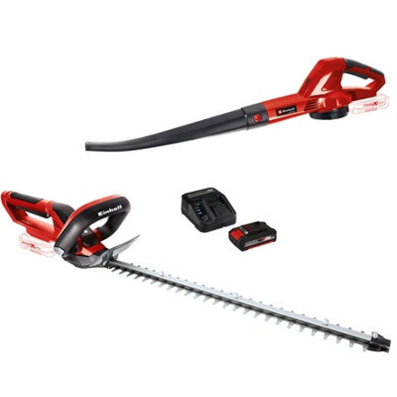 Image of Einhell 2 Piece 18v Cordless Hedge Trimmer and Leaf Blower Garden Power Tool Kit 3410509 Batteries: 1 x 2ah Li-ion