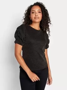 Image of M&Co Shimmer Ruched Sleeve Blouse, Black, Size 10, Women