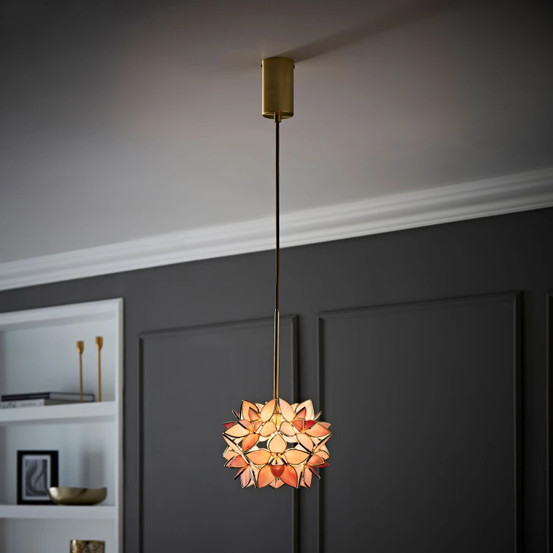 Image of ValueLights Reine Glass Flower Shade Brushed Gold Thread Ceiling Pendant Light in Pale Pink Pale Pink Unisex