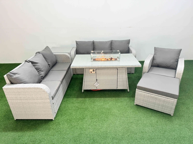 Image of Fimous 8 Seater Poly Rattan Outdoor Garden Furniture Firepit Dining Table Sofa Set Patio 3 Seater Sofa Reclining Chair 3 Seater Sofa Big Footstool Sid