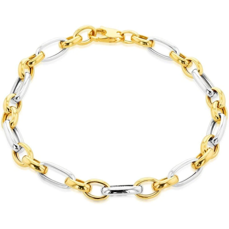 Image of Be You 9ct Gold Oval Figaro Bracelet Yellow And Whit female 8in