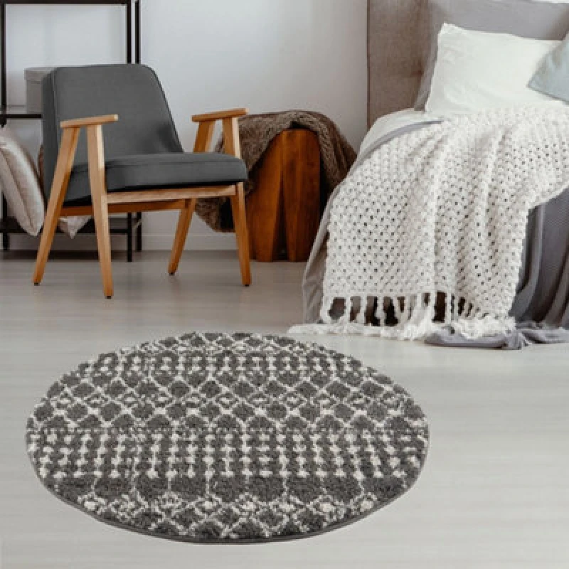 Image of THE RUGS Soft Moroccan Diamond Shaggy Rugs & Runners Dark Grey Living Room Size: 120cm diameter Dark Grey Unisex 120cm diameter