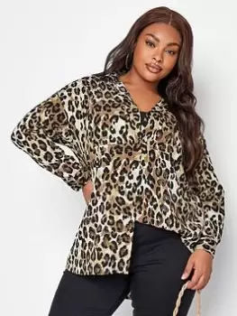Image of Yours Oversized Shirt Brown Animal, Brown, Size 16, Women