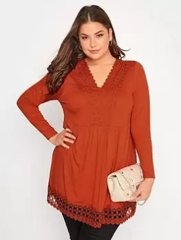 Image of Yours Long Sleeve Crochet Trim Tunic. Burnt Orange, Size 16, Women