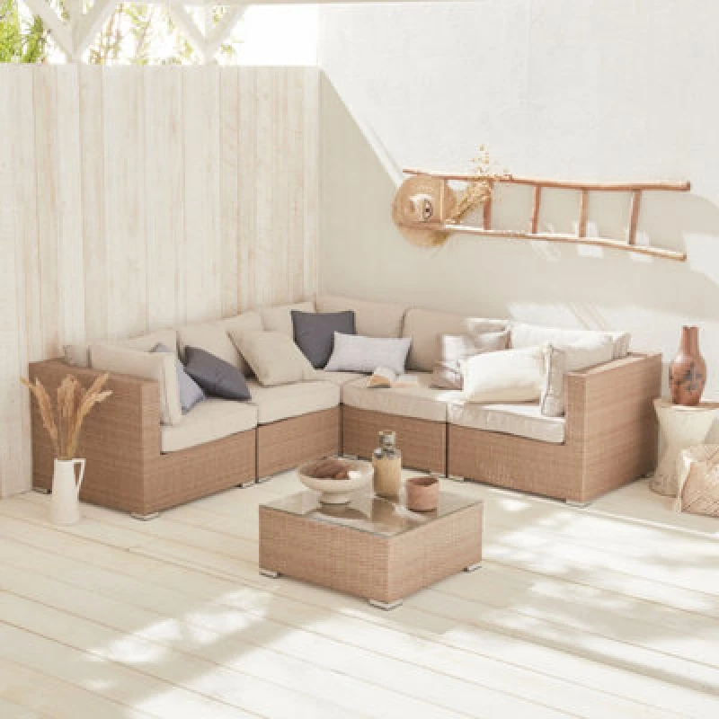 Image of Sweeek - 5-Seater Polyrattan Corner Garden Sofa Set Napoli Beige 234X82X67 Cm