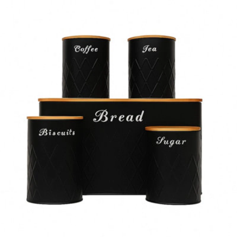 Image of Oypla 5pc Black Bamboo Lid Kitchen Canister Set Black unisex