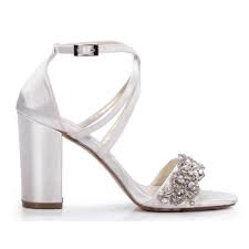 Image of Pink by Paradox London Ivory Satin 'Hira' Embroidered High Block Heel Sandals - 3