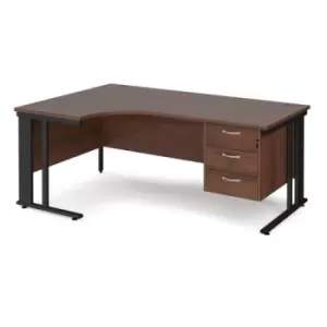 image of Office Desk Left Hand Corner Desk 1800mm With Pedestal Walnut Top With Black Frame 1200mm Depth Maestro 25 MCM18ELP3KW