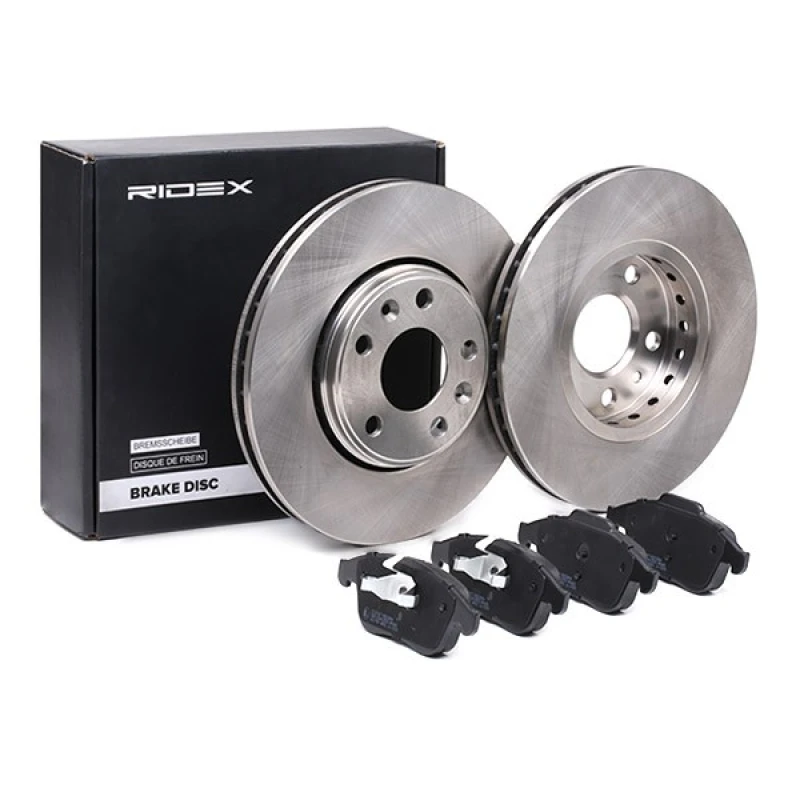 Image of RIDEX 3405B1461 Brake disc and pads set Front Axle, Brake Disc Type: internally vented, excl. wear warning contact, with piston clip Brake Set,disc b