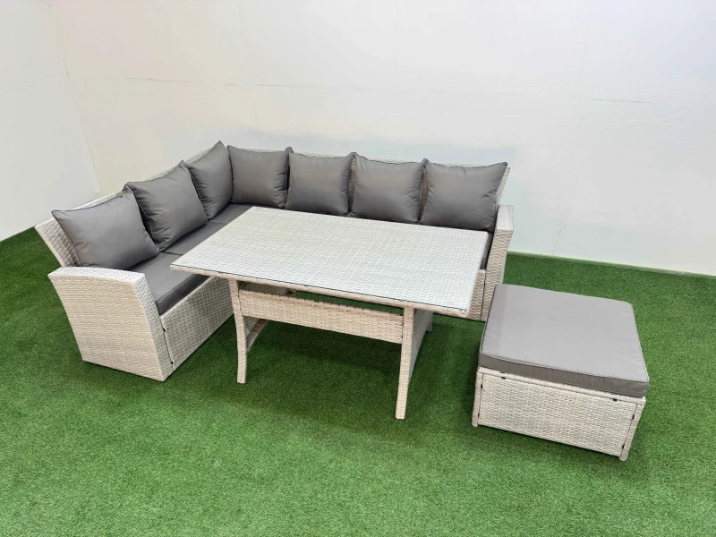 Image of Fimous 7 Seater Rattan Garden Furniture Set with Dining Table Big Footstool in Light Grey Light Grey Unisex
