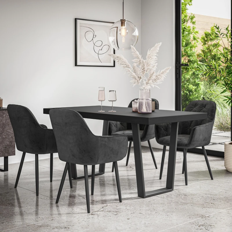 Image of More4Homes Aria Dining Table And Chairs - Black Table Top W Black Legs + Anika Velvet Dining Chair Set Of 4 (Black)