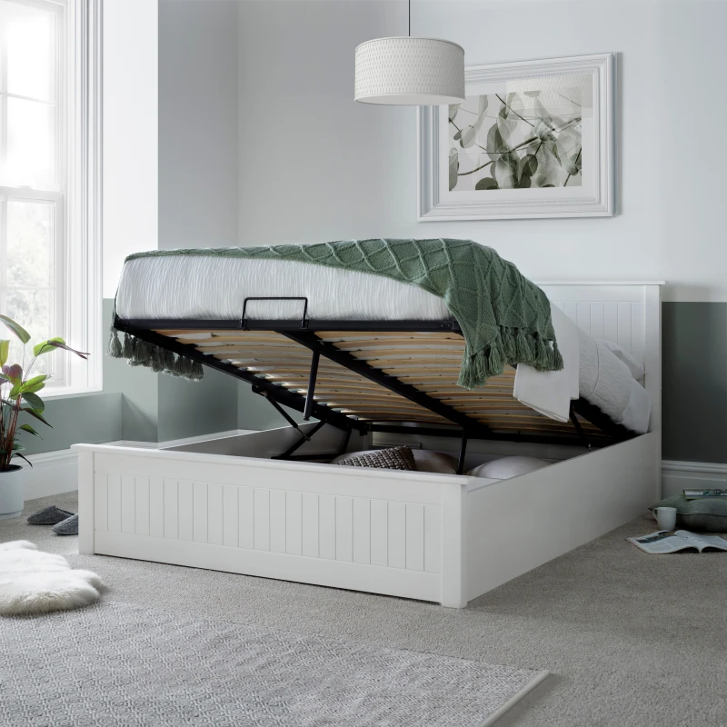 Image of Bedmaster Bedmaster Dawson Wooden Ottoman Bed And Cotswold 3000 Pocket Sprung Natural Mattress in White Size: King White King Unisex 9503287862169