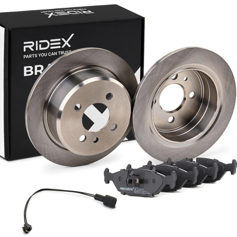 Image of RIDEX 3405B1630 Brake disc and pads set Rear Axle, Brake Disc Type: Solid, prepared for wear warning indicator, with piston clip Brake Set,disc brake
