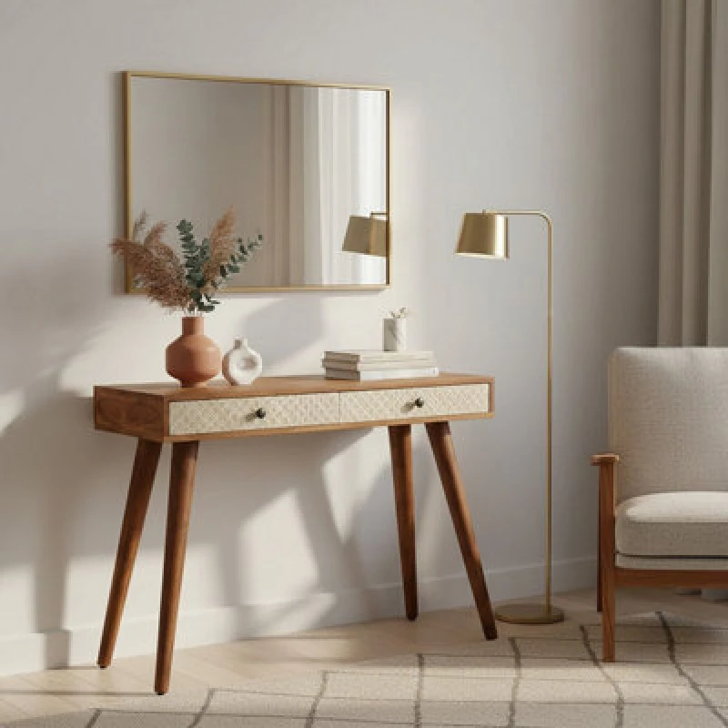 Image of Orsina Acacia Wood Console Table With Embossed Drawers, Travel-Inspired 2 Drawer Entryway Table
