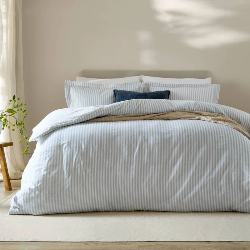 Image of Yard Hebden Striped 100% Cotton Duvet Cover Set in Pale Blue Size: Double Pale Blue Unisex Double