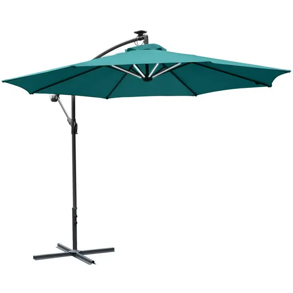 image of Outsunny 3Metre LED Patio Banana Umbrella Cantilever Parasol with Crank Green