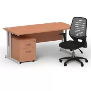 Image of Impulse 1600 x 800 Silver Cant Office Desk Beech + 2 Dr Mobile Ped & Relay Silver Back
