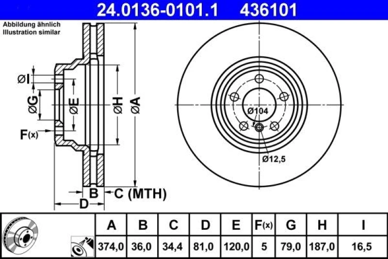 Image of ATE 24.0136-0101.1 Brake disc Vented, Coated, High-carbon Brake Disc (82)
