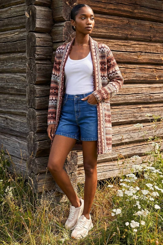 Image of Roman Womens Petite Aztec Longline Cardigan in Burgundy Size: 8 Burgundy Female 8