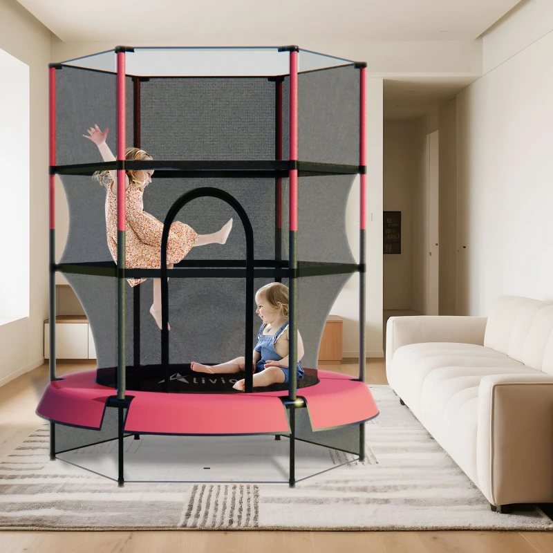 Image of Alivio Kids Trampoline with Safety Enclosure Net - Indoor Outdoor Jumping Fun Hexagonal Design with Padded Poles (Red) in Red Red Unisex