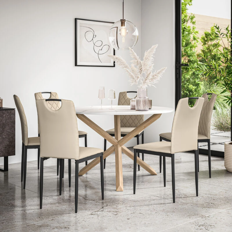 Image of More4Homes Malvern Round Dining Table & Chairs - Marble Table Top w Solid Oak Legs + Monza Faux Leather Dining Chair Set Of 6 in Beige Beige Unisex