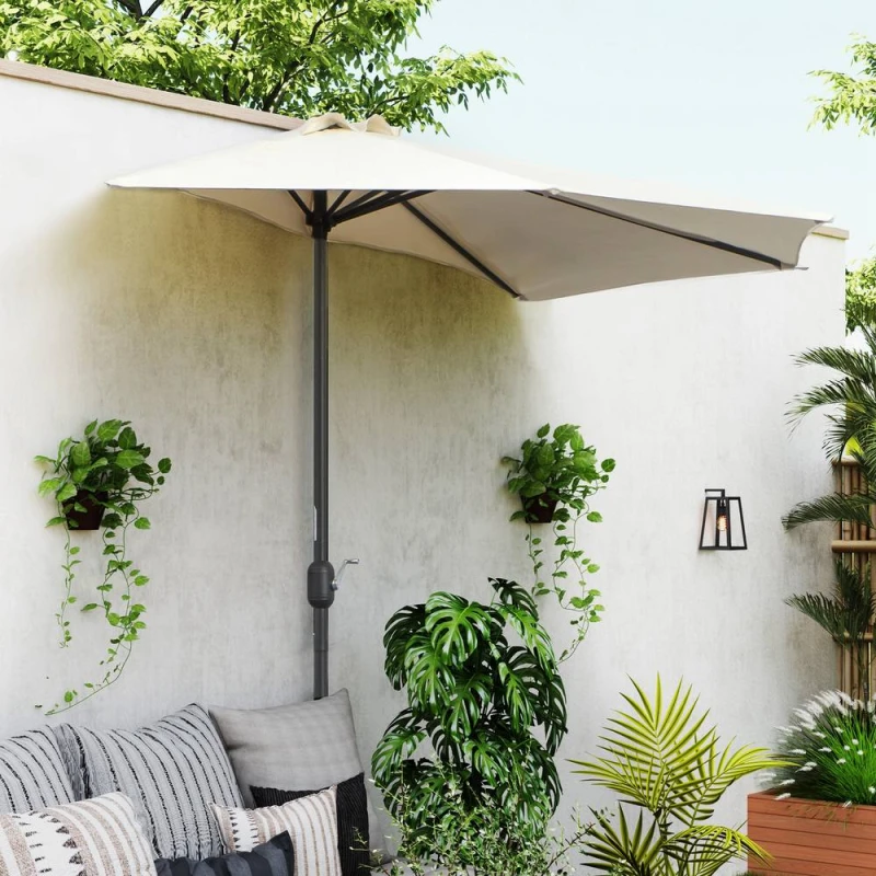 Image of Outsunny Half Round Parasol Garden Sun Umbrella Metal w/ Crank Cream - Outsunny 5055974842410