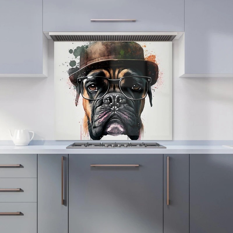 Image of Warren Reed - Designer Boxer Dog With Glasses Splashart Kitchen Splashback Size: 600mm x 750mm Multicolor Unisex 600mm x 750mm