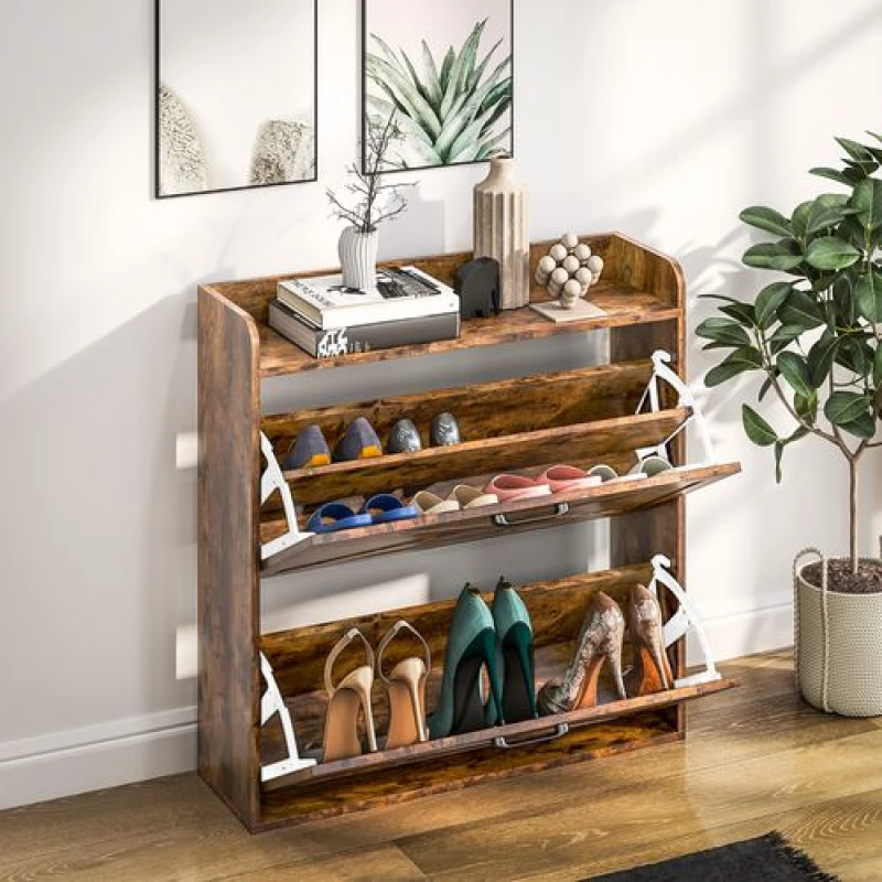 Image of HOMCOM HOMCOM Narrow Shoe Cabinet Farmhouse Slim Shoe Storage Cabinet Rustic Brown Brown One Size Unisex 5063603728745