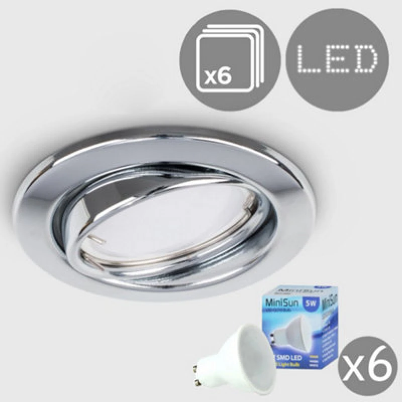Image of ValueLights Downlight Tiltable Ceiling Light Fitting 6 Pack With Warm White Bulbs Metallic Silver