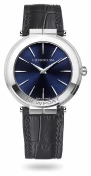 image of Michel Herbelin Mens Newport Slim Dark Grey Leather Strap Watch