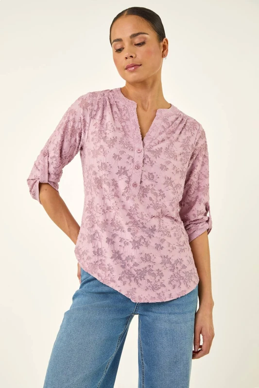 Image of Roman Womens Petite Burnout Print Button Shirt in Pink Size: 12 Pink Female 12