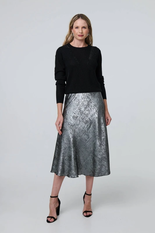 Image of Izabel London Womens Metallic A-Line Midi Slip Skirt in Silver Size: Small Silver Female S