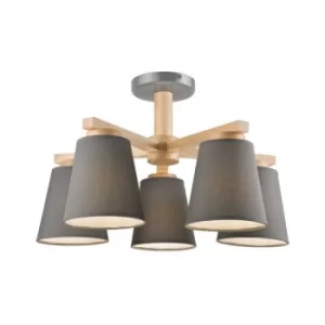 Image of Ellie Multi Arm Semi Flush Ceiling Light, Fabric Shades Gray, 5x E27