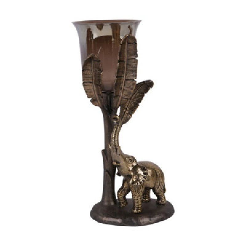 Image of Buttercup Farm Kariba Elephant Hurricane Large - Glass/aluminium - L17 X W17 X H37cm - Antique Brass