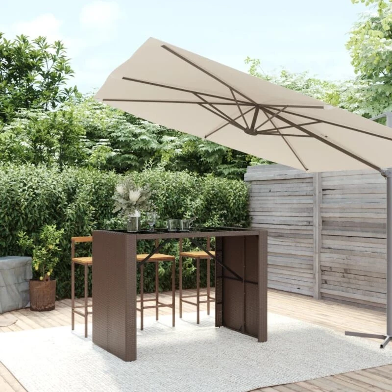 Image of VIDAXL Bar Table with Glass Top Brown 145x80x110cm Poly Rattan vidaXL 8720845740085