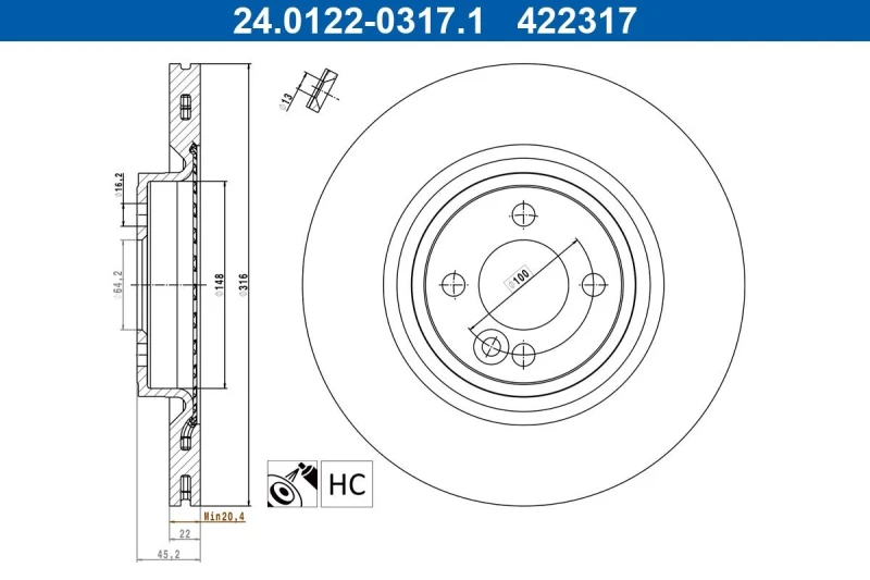 Image of Brake disc ATE 24.0122-0317.1